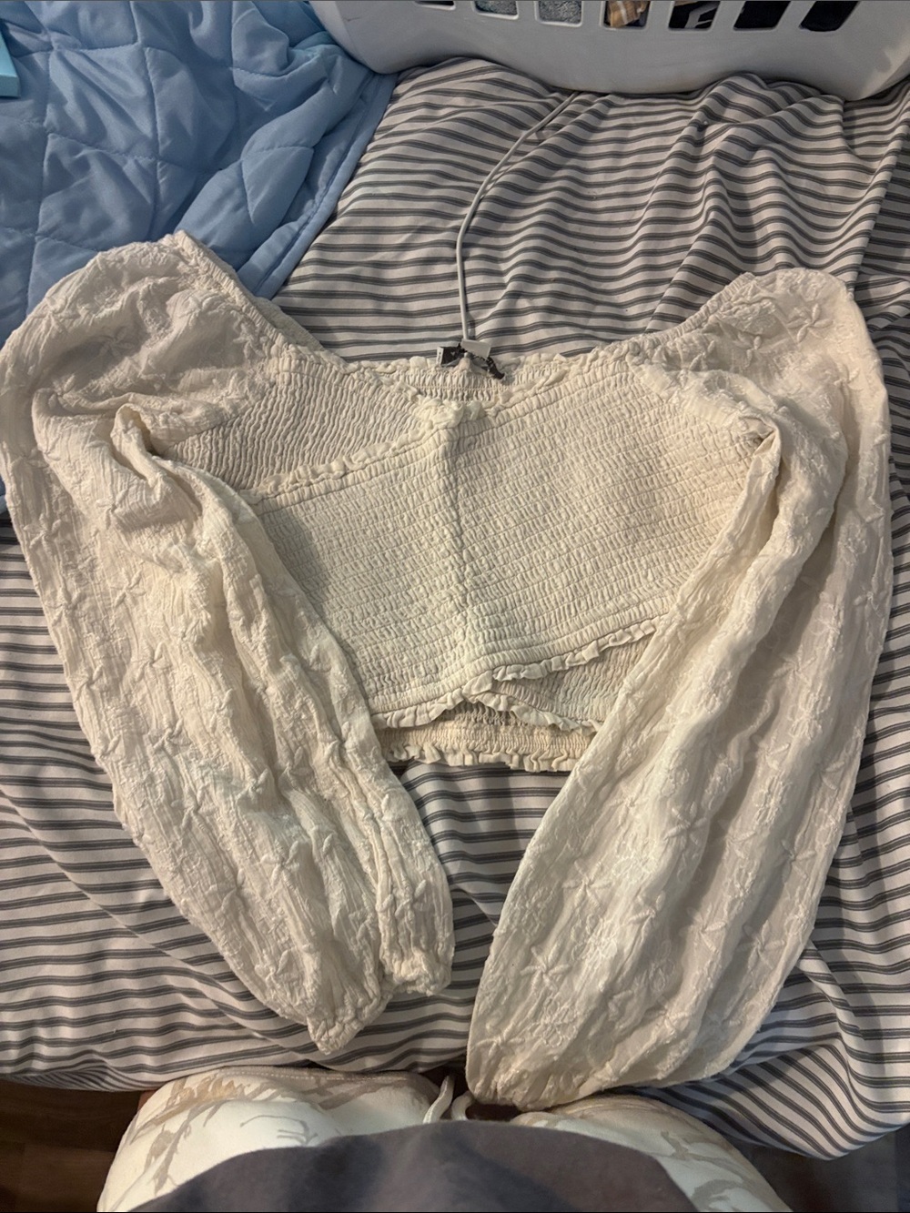 American Eagle Outfitters White Smocked Bardot Crop Top with Puff Sleeves
